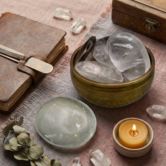 Mystic Parcel Water Clear Quartz Palm Stones from Brazil displayed in a brass bowl with candle and journal, perfect for meditation and clarity rituals.