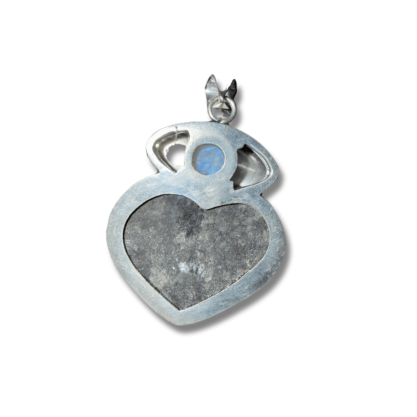 Rainbow Moonstone Evil Eye & Abalone Heart Pendant in sterling silver, featuring a heart-shaped abalone center and protective evil eye design.
