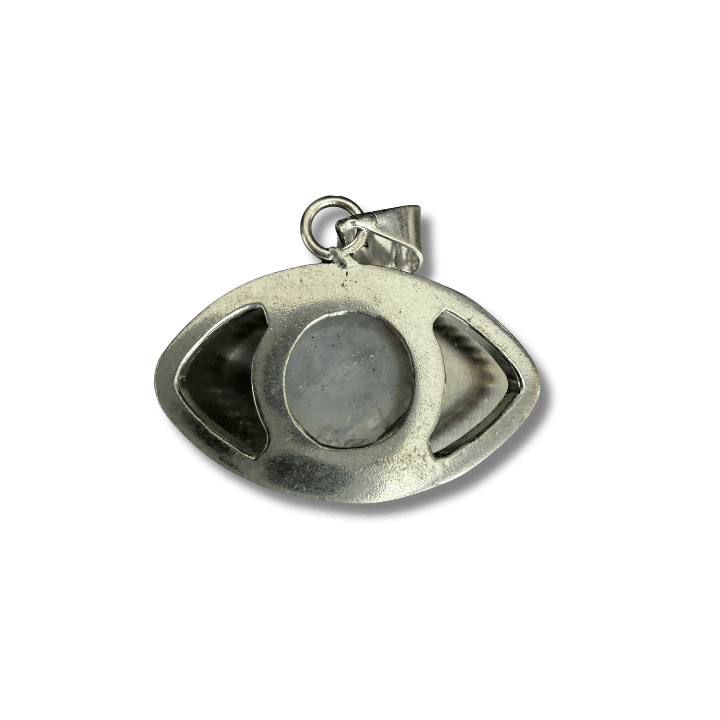 Rainbow Moonstone Evil Eye Pendant in sterling silver, featuring an oval moonstone center for protection and intuition. Ideal for spiritual jewelry lovers.