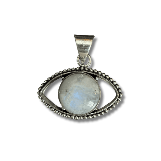 Rainbow Moonstone Evil Eye Pendant in sterling silver with beaded detailing, symbolizing protection and intuition for spiritual clarity.