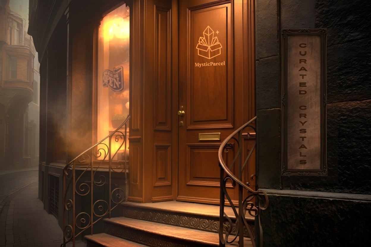 Elegant storefront ofMysticParcel" with warm lighting, ornate railing, and a sign reading "Curated Crystals" on a quiet, narrow street.
