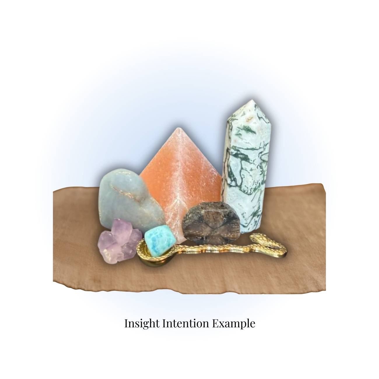 Mystical Crystal Mystery Box for Insight Intention featuring premium crystals like fluorite, green jasper, and a gold ritual spoon on a brown cloth.