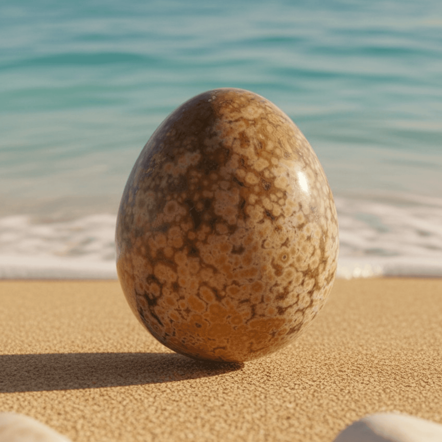 Honey Ocean Jasper Egg with orbicular fossil patterns displayed on sandy beach, symbolizing joyful renewal and emotional balance.