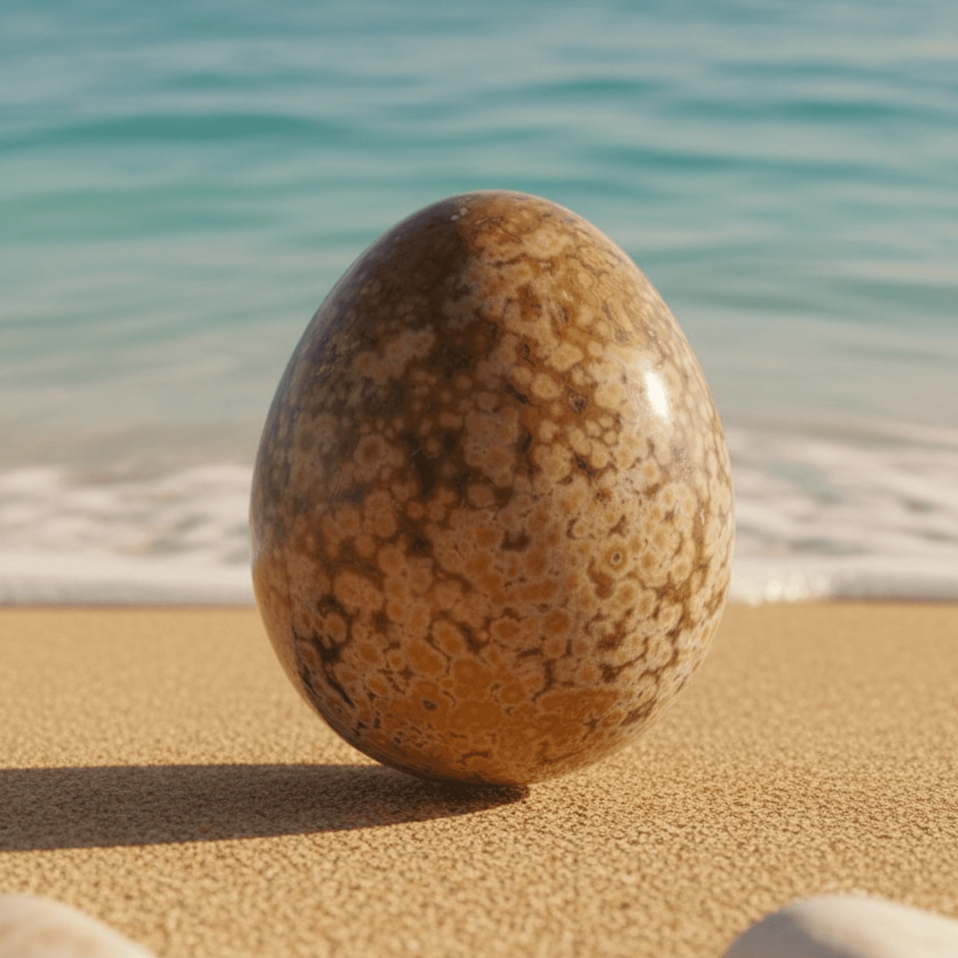 Honey Ocean Jasper Egg with orbicular fossil patterns displayed on sandy beach, symbolizing joyful renewal and emotional balance.