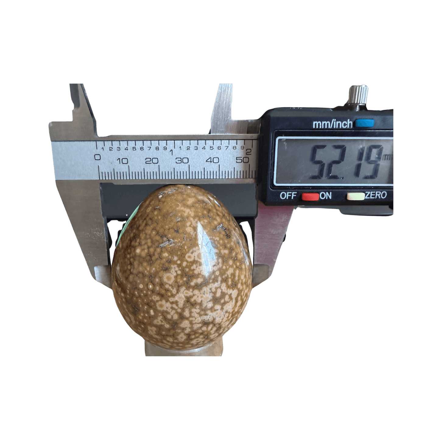 Honey Ocean Jasper Egg with orbicular patterns measuring 52.19 mm in diameter, rare collectible stone for emotional balance and joyful renewal energy.