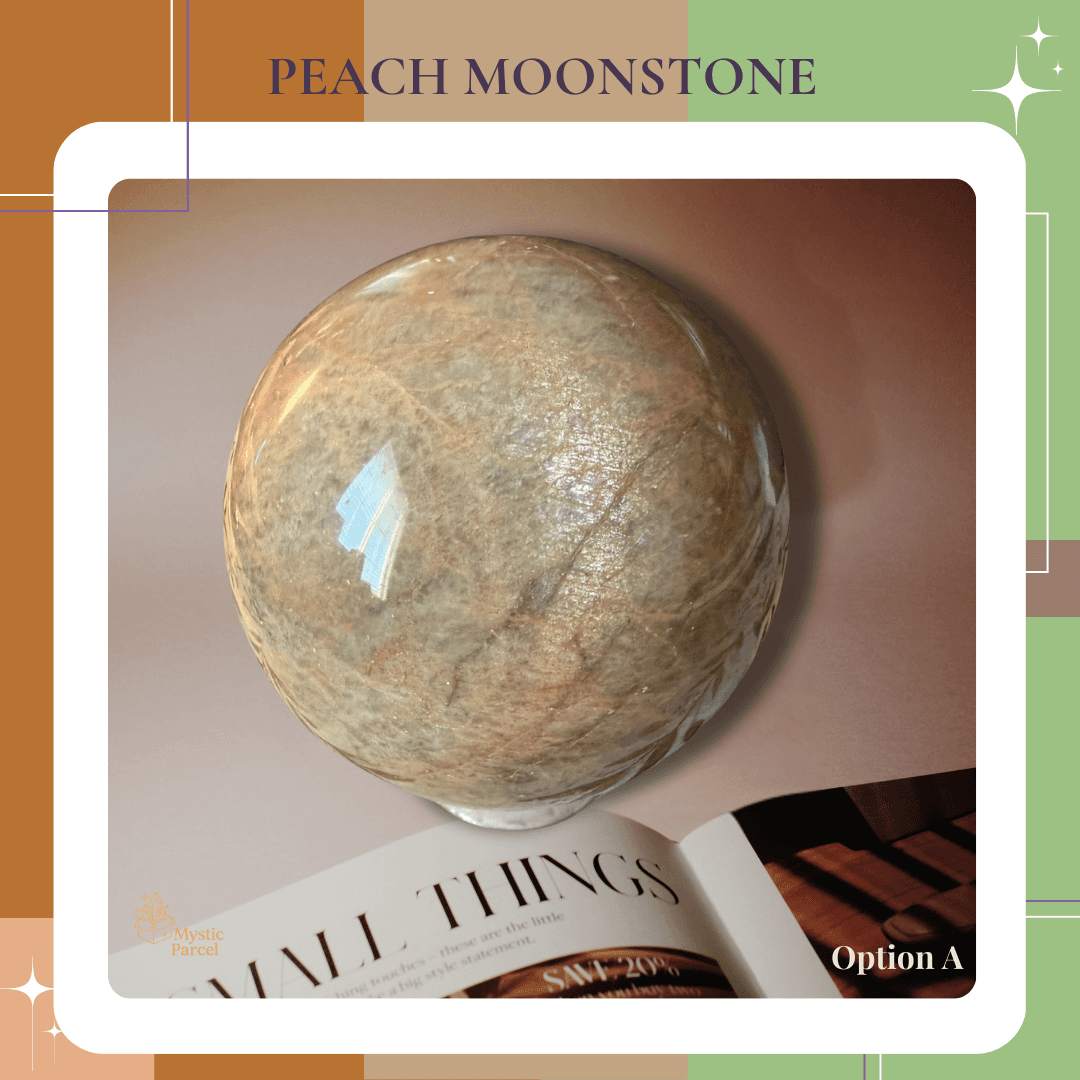 Flashy adularescent Peach Moonstone Sphere Option A close-up shimmer detail