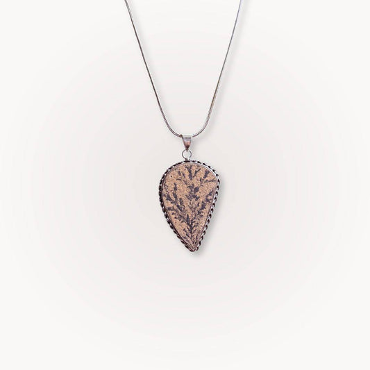 Psilomelane Jasper Pendant with lightning branch pattern on silver chain. Unique teardrop design for grounding and protection.
