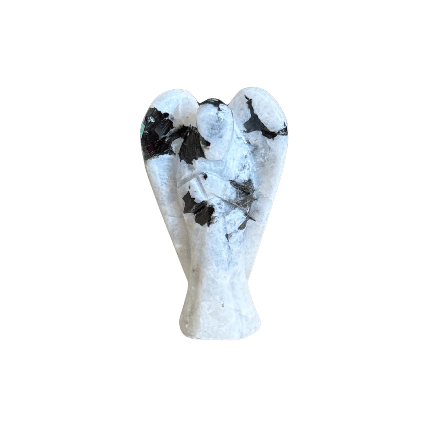 Hand carved Rainbow Moonstone Angel Statue featuring black tourmaline inclusions. Front View. Ideal crystal figurine for home decor or spiritual gifting.