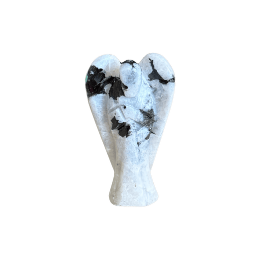Hand carved Rainbow Moonstone Angel Statue featuring black tourmaline inclusions. Front View. Ideal crystal figurine for home decor or spiritual gifting.
