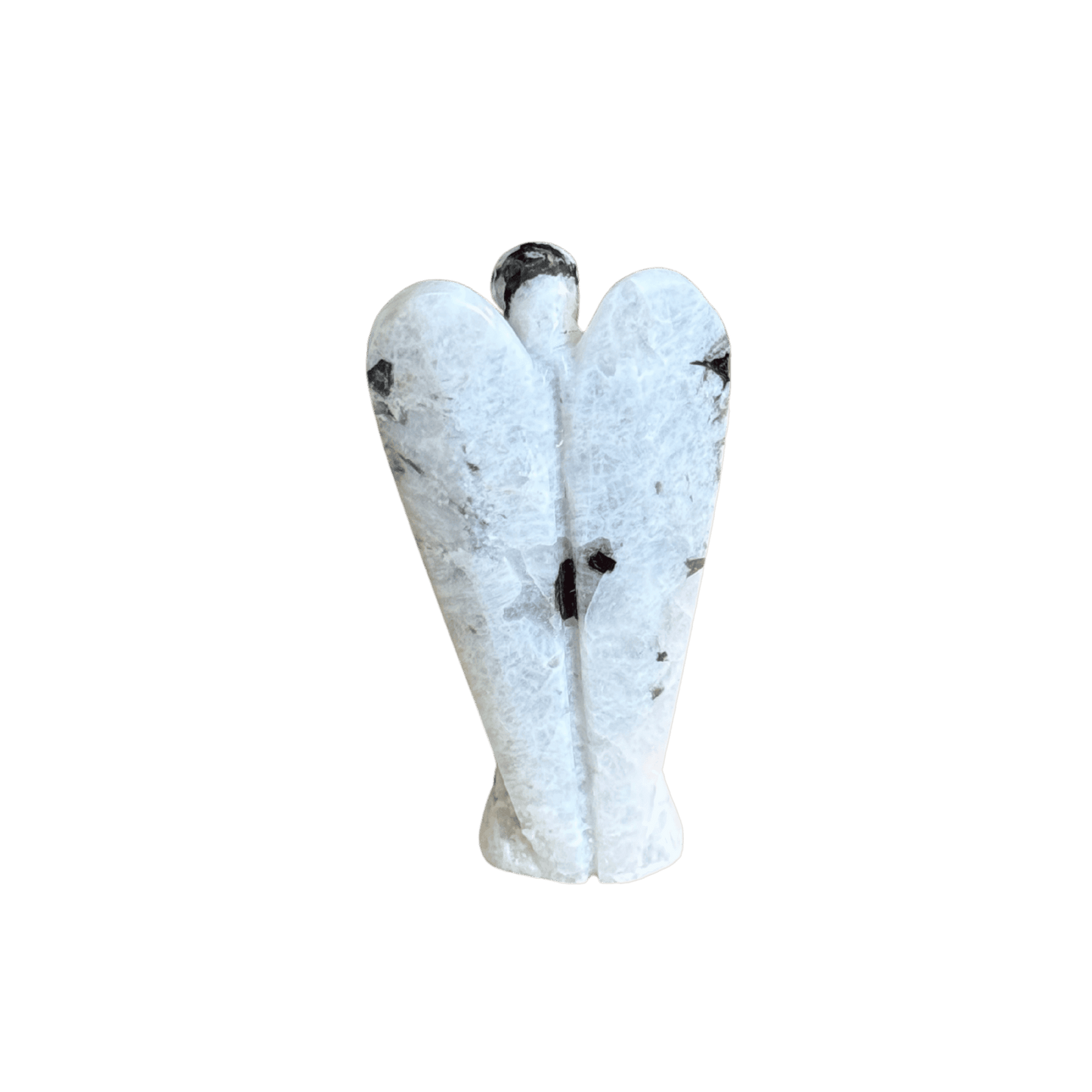 Rainbow Moonstone Angel Statue hand carved with natural crystal patterns, ideal for home decor or spiritual gifting. Back View.