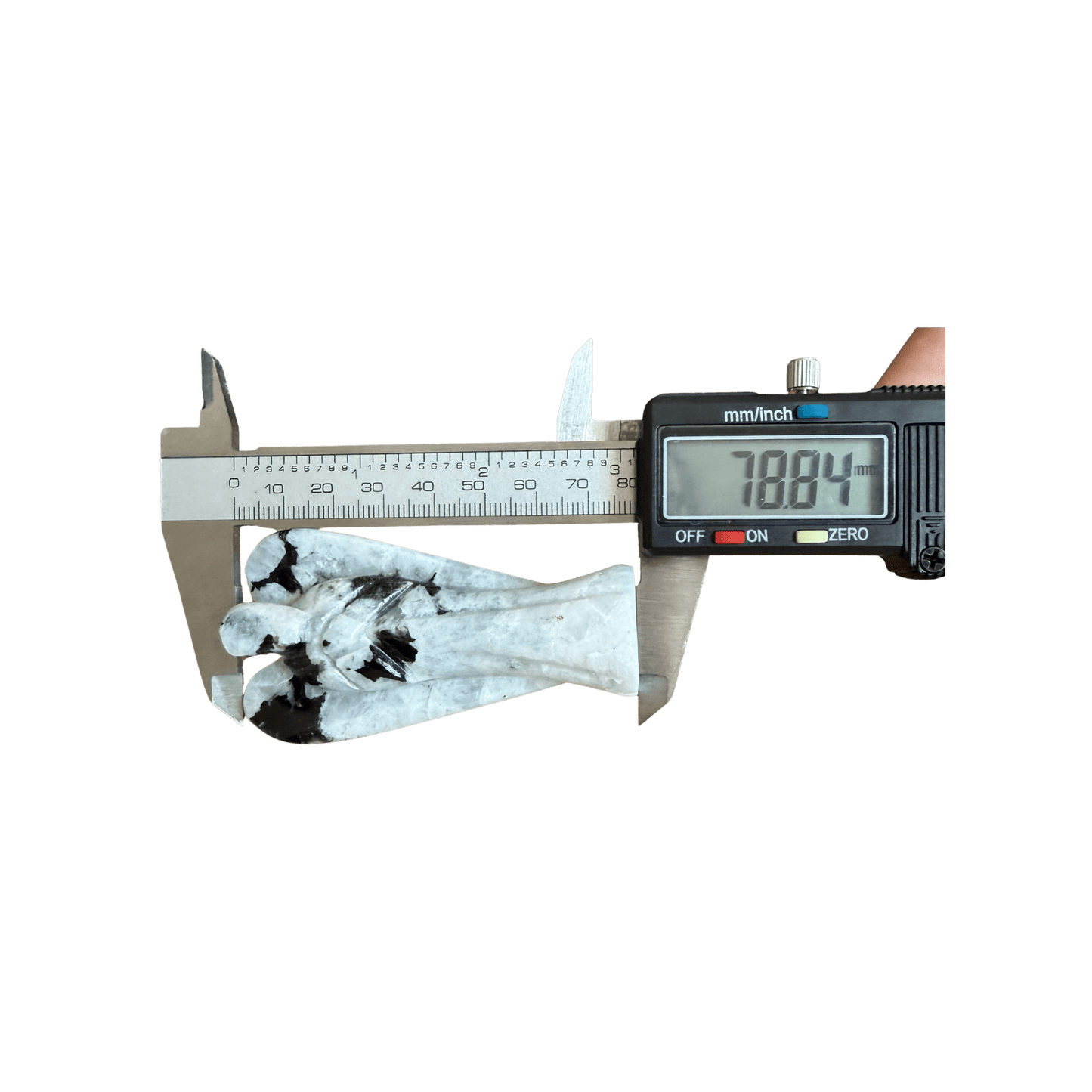 Rainbow Moonstone Angel Statue - Hand Carved Home Decor | Gift shown being measured with digital caliper at 78.84mm length. Ideal crystal figurine for spiritual decor.