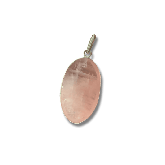 Rose Quartz Oval Pendant in sterling silver setting, showcasing soft pink hues for love and healing. Ideal for emotional balance and heart chakra.