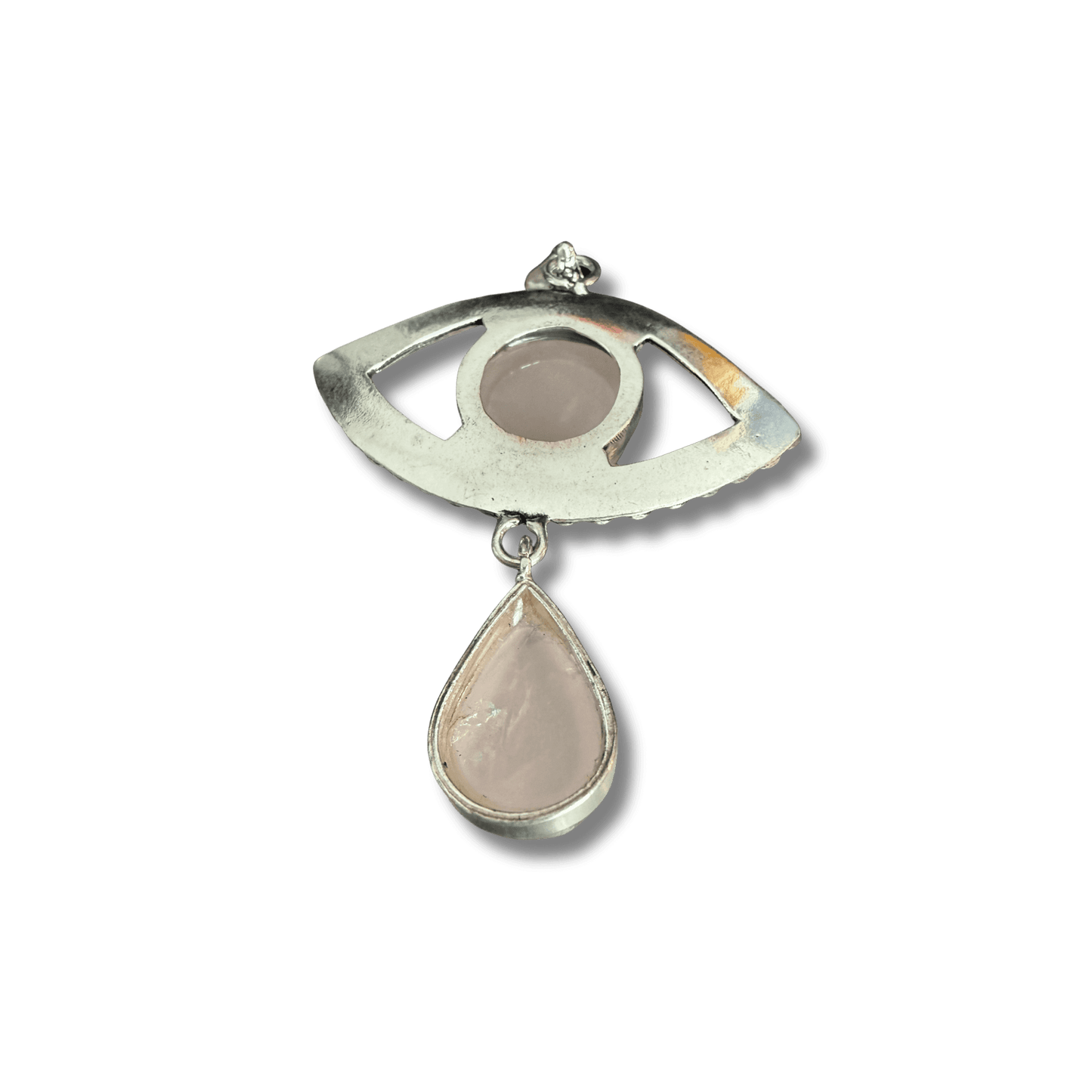Rose Quartz Evil Eye Drop Pendant in Sterling Silver featuring a teardrop-shaped rose quartz stone hanging from an open eye design. Ideal for love and protection jewelry.