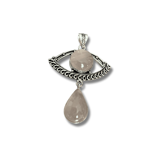 Rose Quartz Evil Eye Drop Pendant in Sterling Silver featuring a teardrop and round rose quartz stone set in an ornate eye-shaped frame. Ideal for love and protection jewelry.