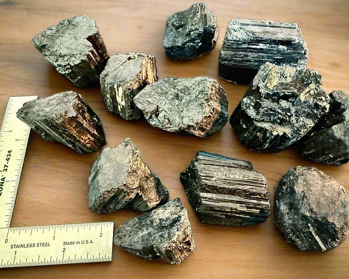 Group of Brazilian black tourmaline rough with metal rulers for scale, highlighting size range and natural ridges.