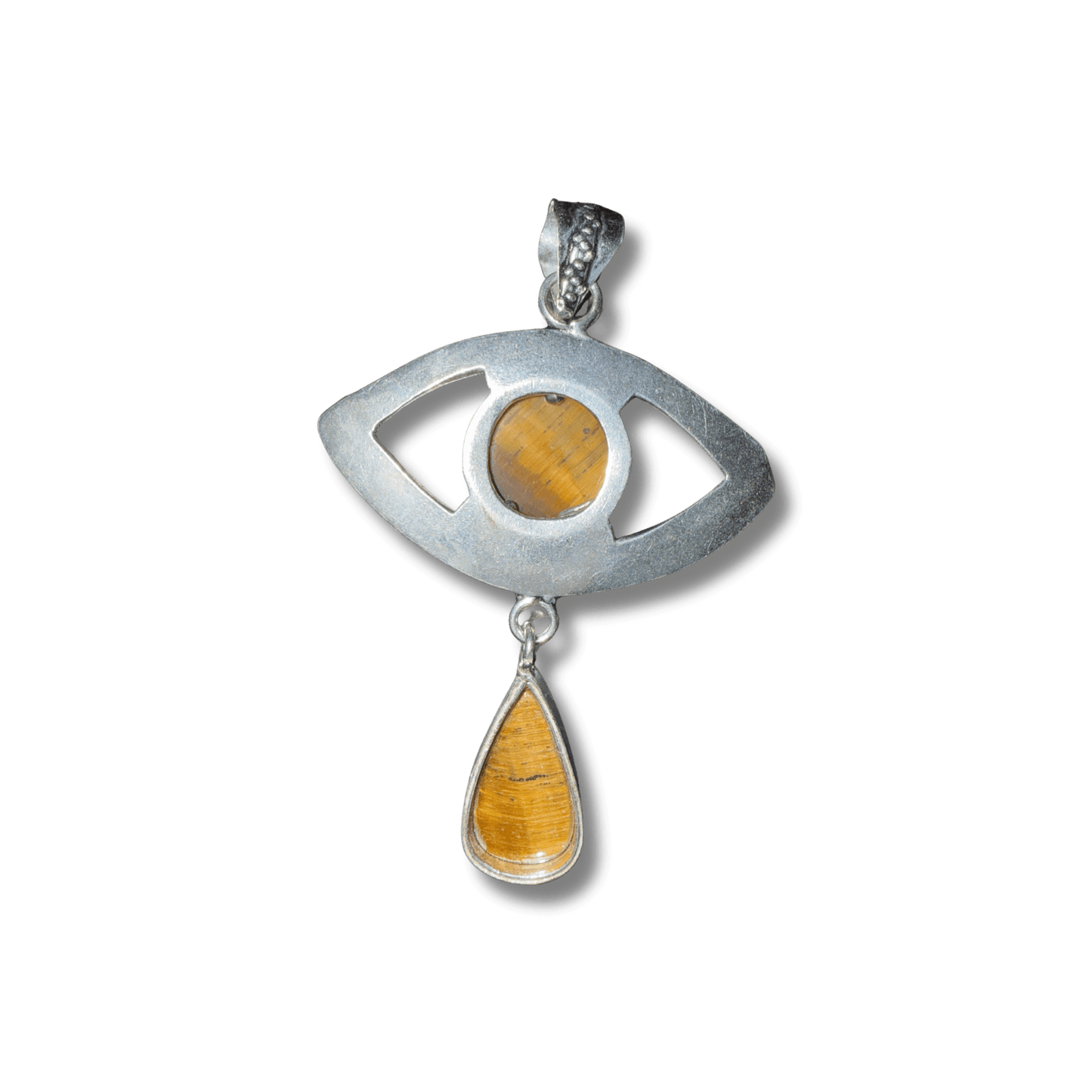 Tigers Eye Evil Eye Drop Pendant in Sterling Silver featuring a central round Tigers Eye stone and teardrop charm for spiritual protection and balance. Back view.