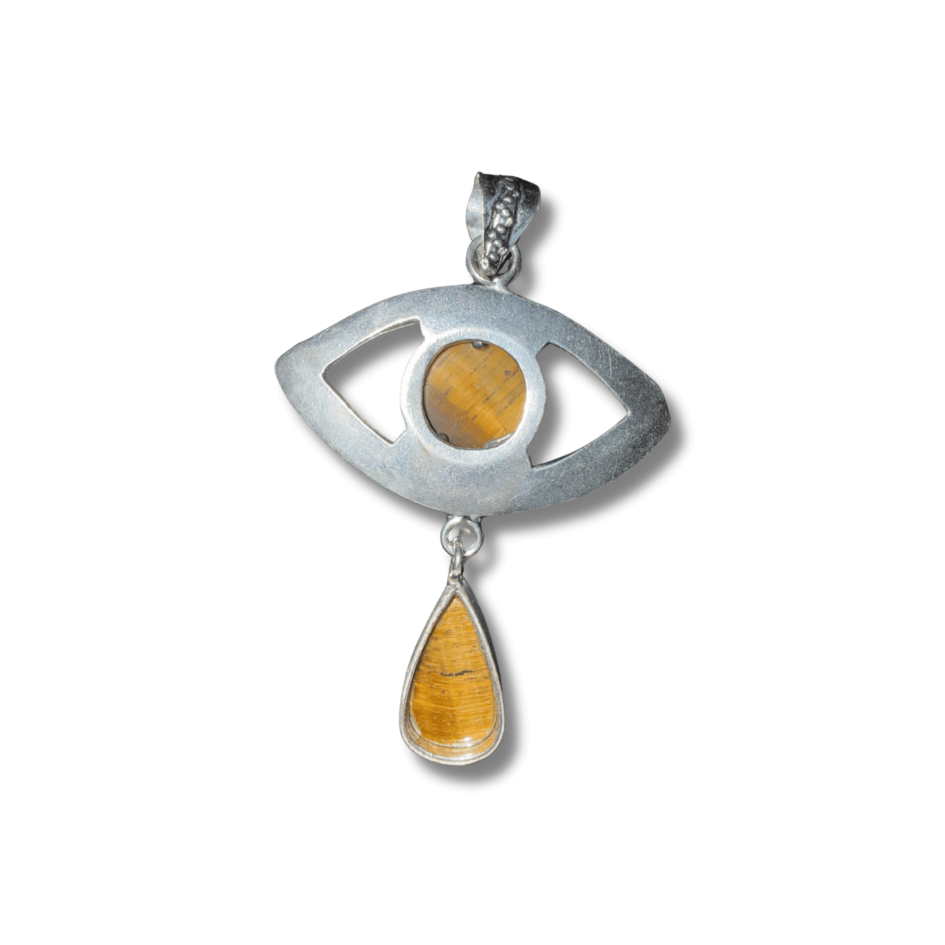Tigers Eye Evil Eye Drop Pendant in Sterling Silver featuring a central round Tigers Eye stone and teardrop charm for spiritual protection and balance. Back view.