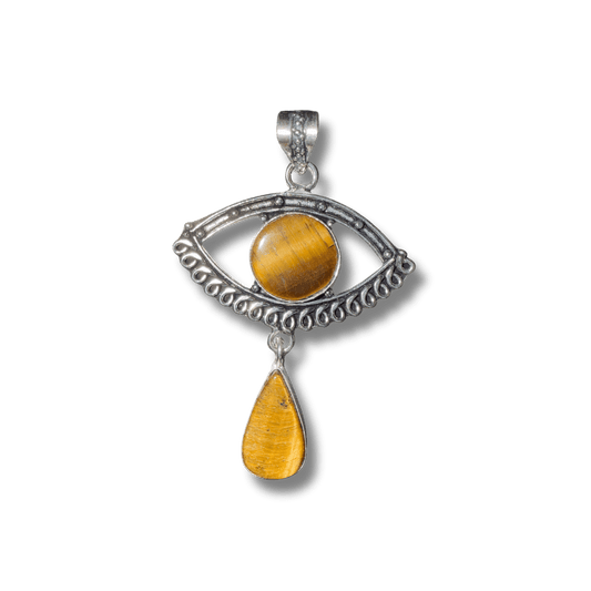 Tigers Eye Evil Eye Drop Pendant in Sterling Silver featuring a round tiger’s eye stone at the center with a teardrop charm below. Ideal for spiritual jewelry lovers. Front view.