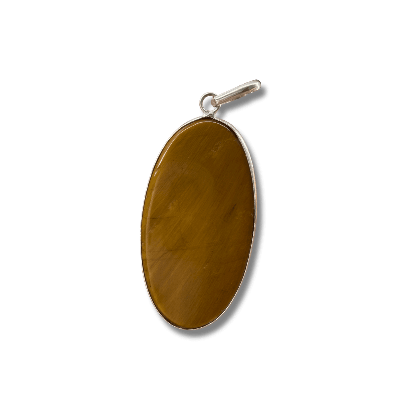 Tigers Eye Oval Pendant in sterling silver setting, showcasing golden-brown hues for courage, clarity, protection, and focus in jewelry design. Back view.