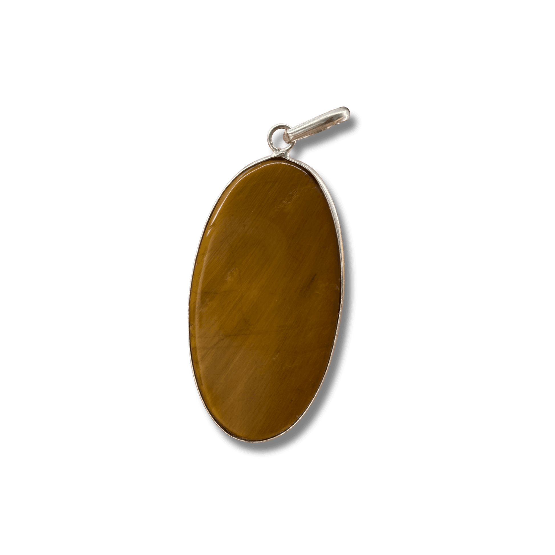 Tigers Eye Oval Pendant in sterling silver setting, showcasing golden-brown hues for courage, clarity, protection, and focus in jewelry design. Back view.