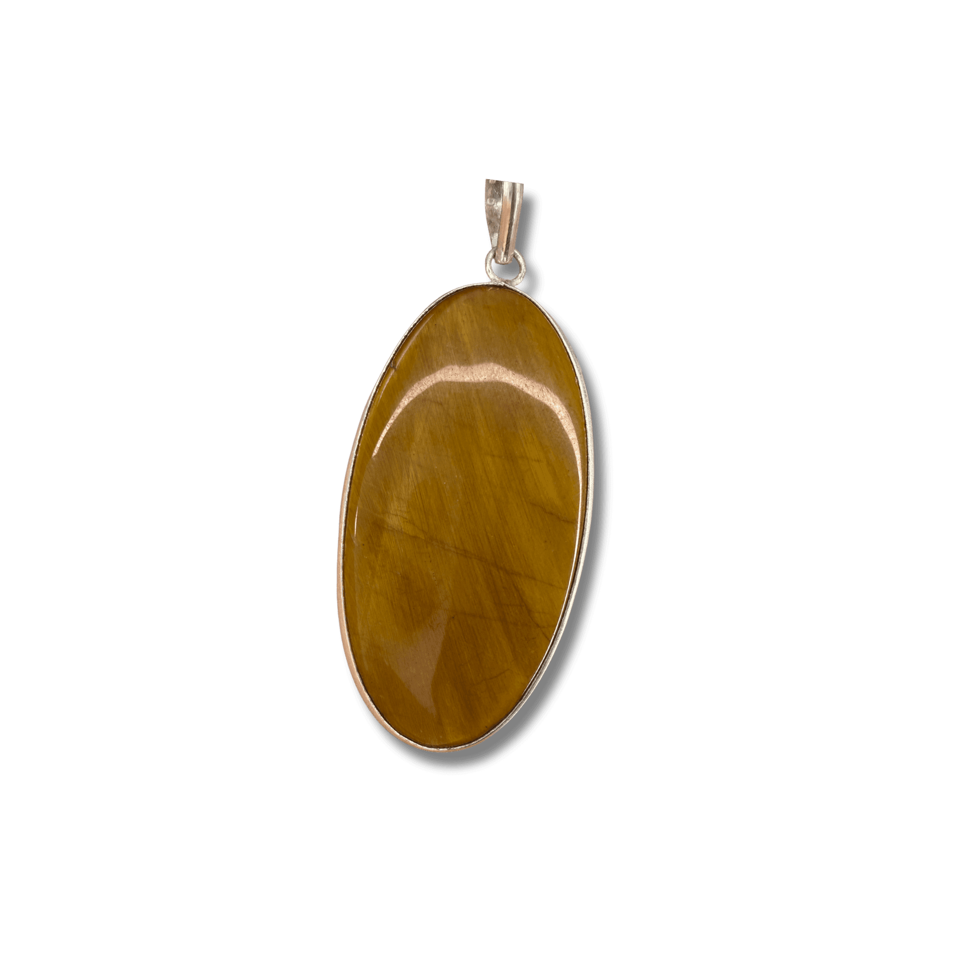 Tigers Eye Oval Pendant in sterling silver setting, offering courage, clarity, and protection for grounding and focus in daily wear. Front View.