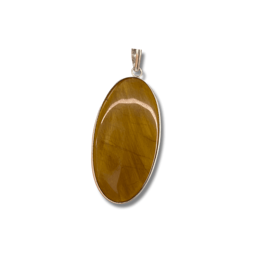 Tigers Eye Oval Pendant in sterling silver setting, offering courage, clarity, and protection for grounding and focus in daily wear. Front View.