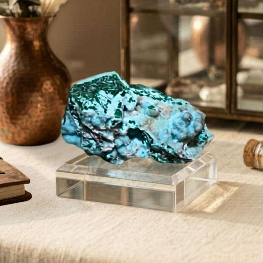 Chrysocolla and Malachite mineral specimen with druzy quartz coating in a decorative setting
