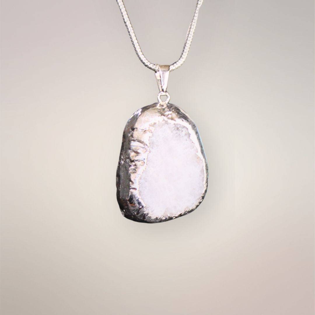 Citrine drusy pendant back showing smoothed quartz and host rock with .925 silver foil bezel and bale