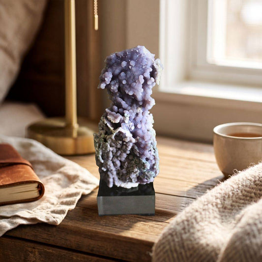 Tall 183g lavender Grape Agate cluster displayed on a black base beside a journal and cup in warm natural light