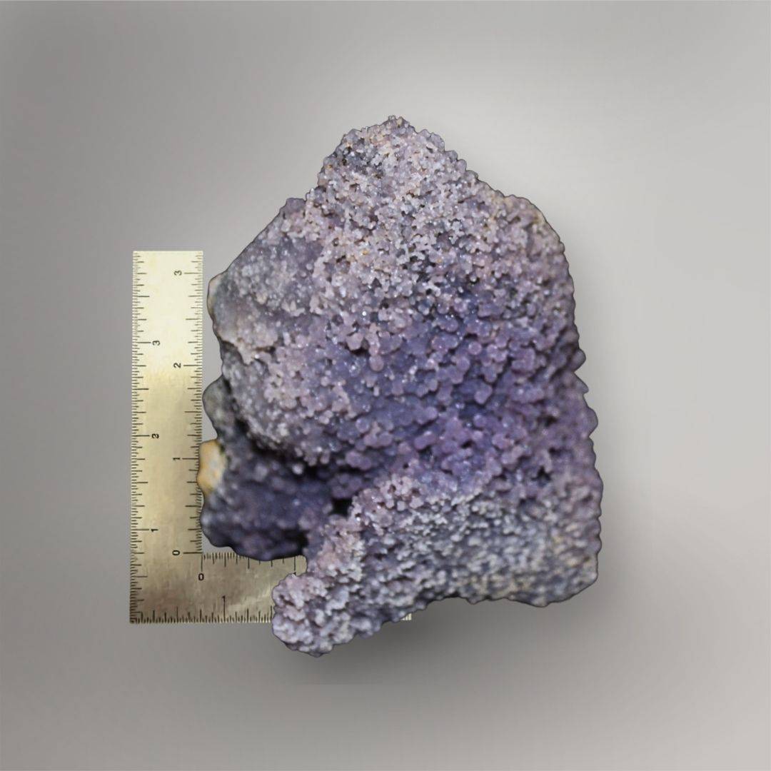 770g Indonesian Grape Agate cluster beside a ruler showing its approximately 4.4-inch cabinet size