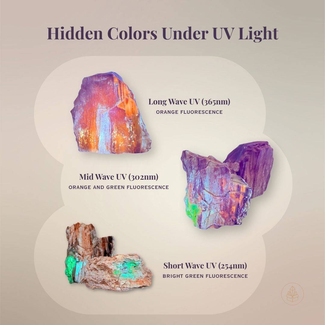 UV fluorescence examples from Hubbard Basin petrified wood showing orange fluorescence under long wave UV, mixed orange and green fluorescence under mid wave UV, and bright green fluorescence under short wave UV.