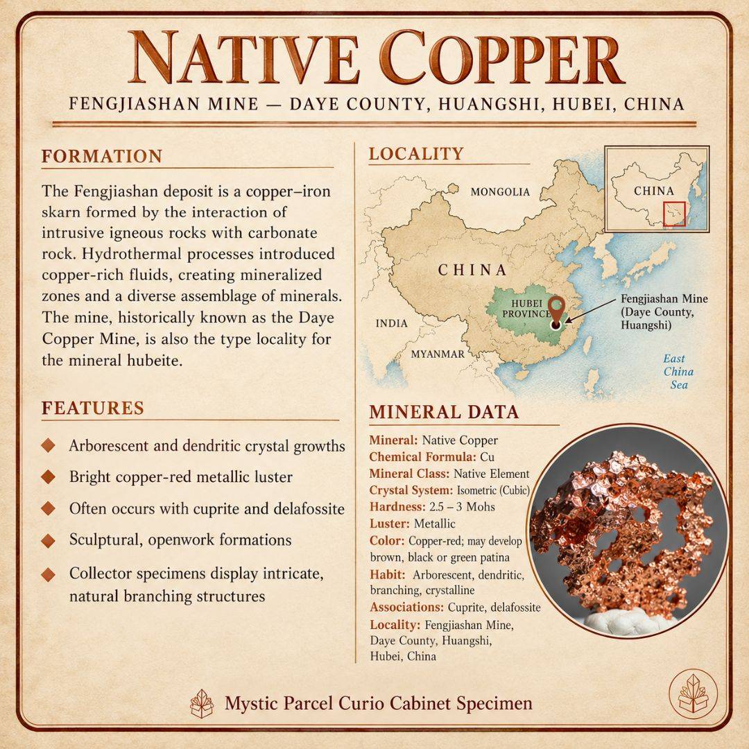 Mystic Parcel Atlas specimen card for native copper from China featuring a locality map, geological information, mineral data, and specimen photograph.