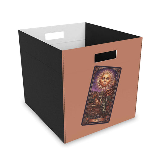 Storage box with a tarot card design featuring 'The Sun' card on a white background