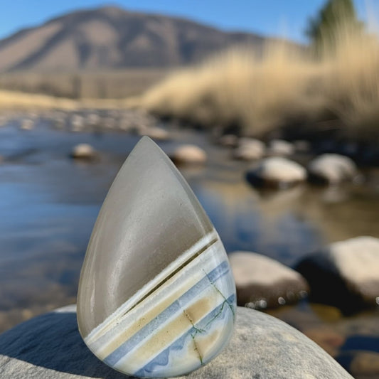 Mystic Parcel view Polished 45ct Owyhee Agate cabochon with natural banding