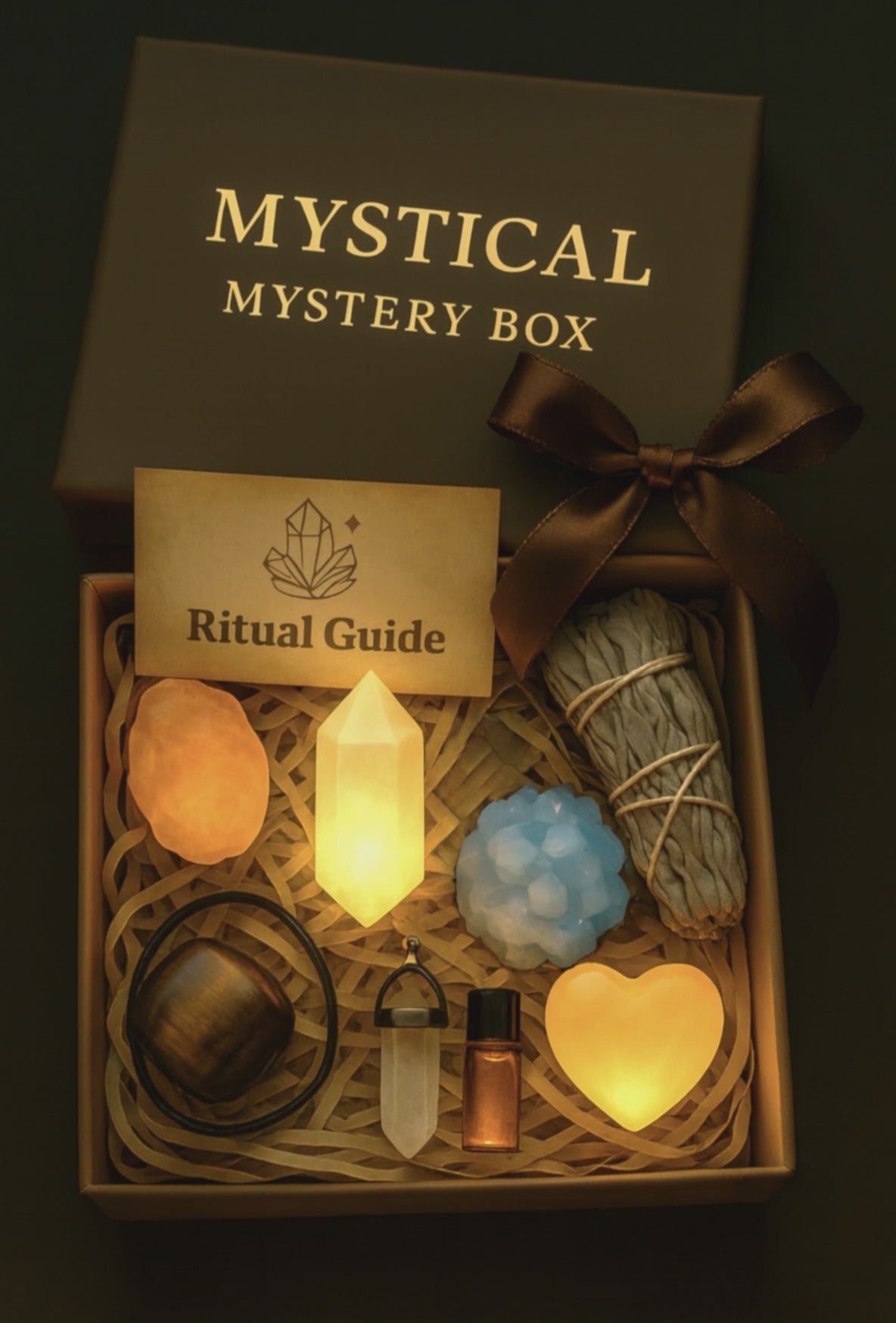Luxury mystery crystal box with rare gemstone and custom ritual