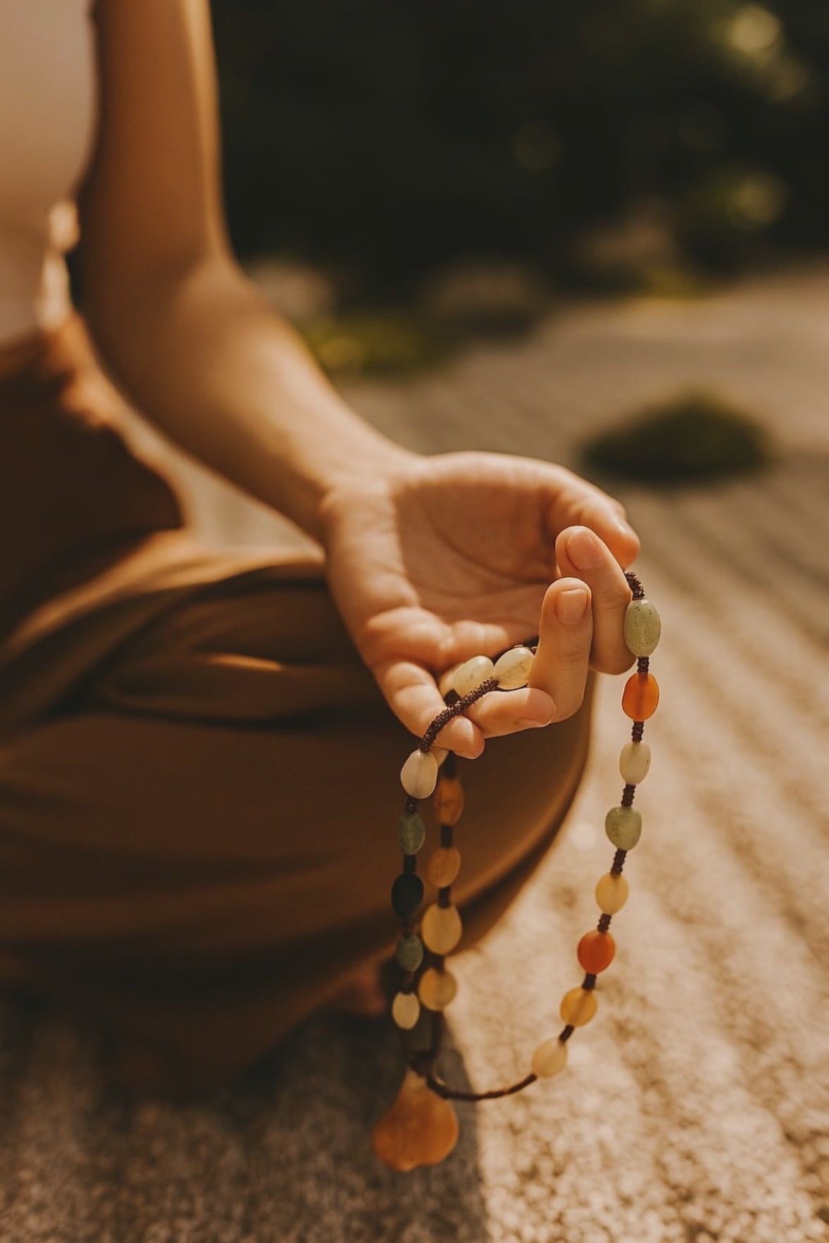 Natural Gobi Desert Agate mala hand knotted in Inner Mongolia – full length view 72mm, 40g