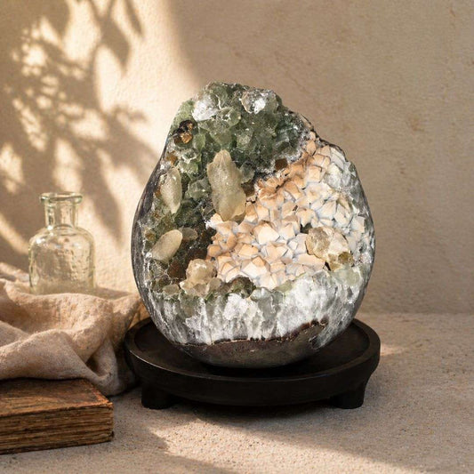 Quartz geode with green chlorite quartz and calcite crystals displayed on stand in warm apothecary-inspired setting