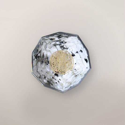 Rainbow Moonstone orgonite dodecahedron with Indian Rainbow Moonstone chips, golden Flower of Life symbol, metallic flakes, and faceted resin shape