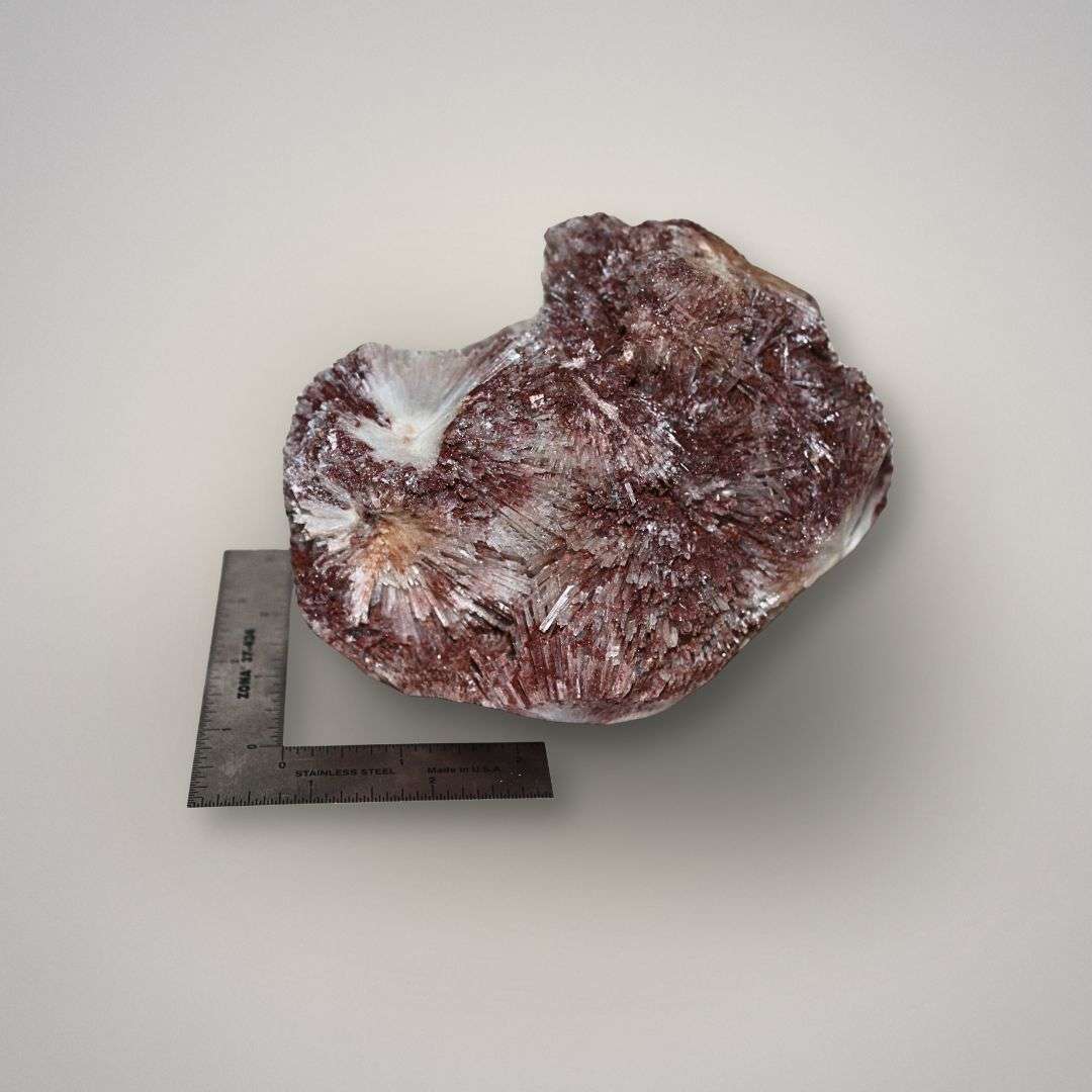 Cabinet-size red scolecite specimen from Maharashtra India shown with ruler for scale