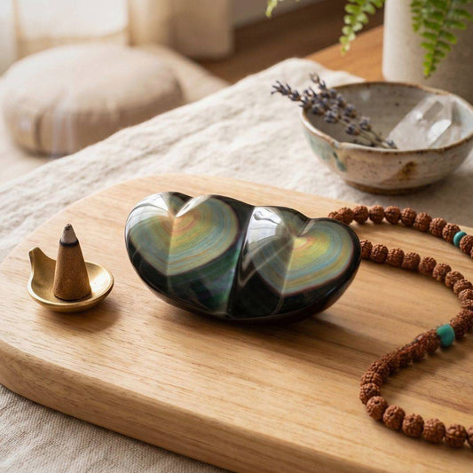 Velvet Rainbow Obsidian double heart displayed in a meditation setting with visible green, gold, blue, and rose rainbow banding beside mala beads and incense.