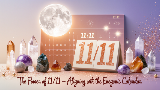 Full moon over copper and cream calendar marked 11/11 with crystals and starlight.