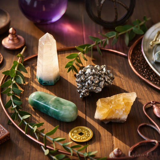 Crystals associated with abundance and expansion arranged on a warm wooden surface, symbolizing prosperity, openness, and possibility.