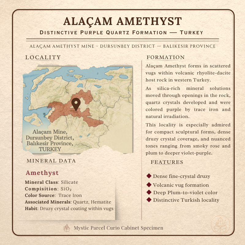 Informational graphic about Alacam Amethyst mine in Turkey with a map and text details.