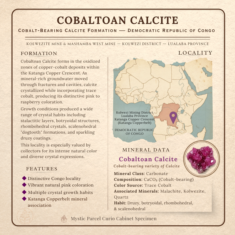 Specimen Atlas graphic for Cobaltoan Calcite from the Democratic Republic of Congo, showing formation notes, locality map, mineral data, and a pink crystal specimen.