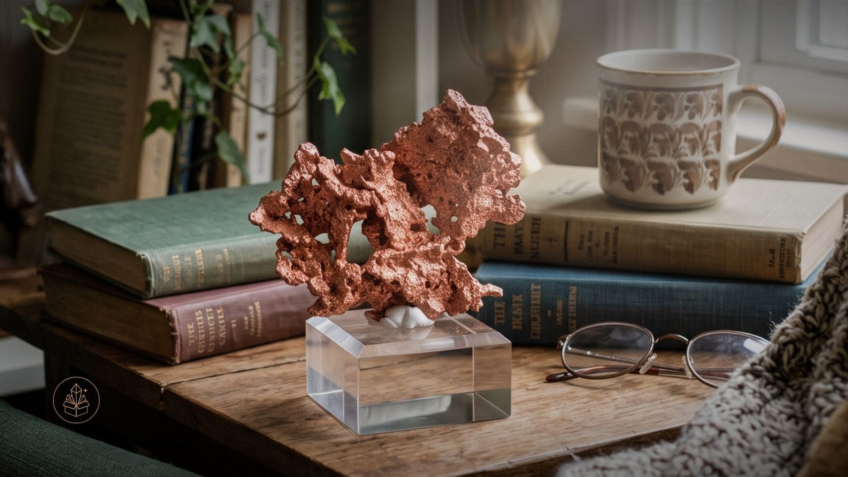 Native copper specimen with intricate, sculptural formations displayed on a clear acrylic stand, surrounded by vintage books in a cozy reading nook, symbolizing copper's connection to intentional living.