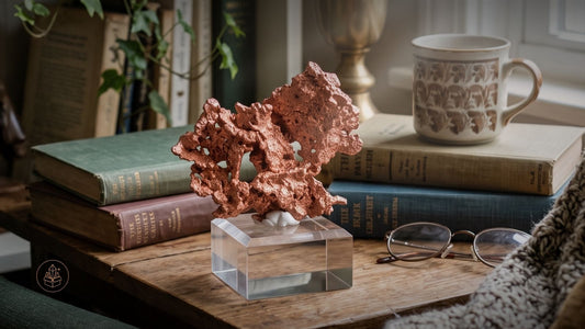 Native copper specimen with intricate, sculptural formations displayed on a clear acrylic stand, surrounded by vintage books in a cozy reading nook, symbolizing copper's connection to intentional living.
