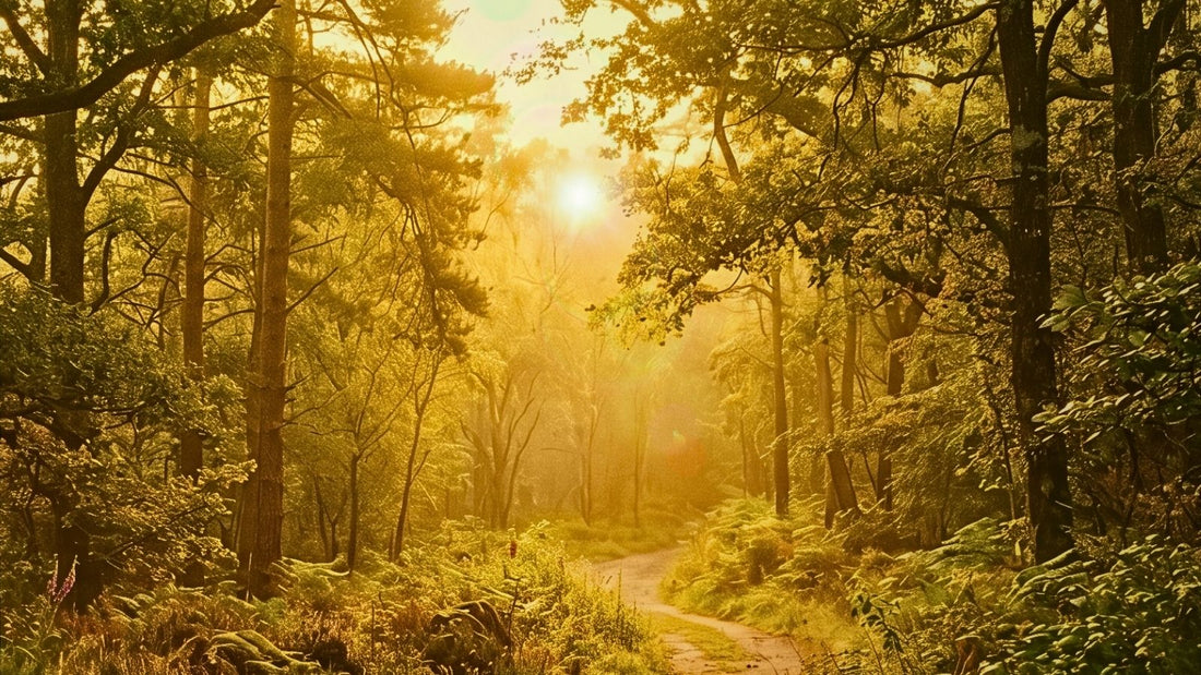 Sunlit forest path leading forward through golden light, symbolizing direction, intentional movement, and growth