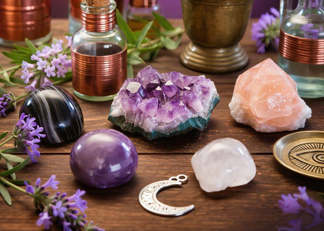 A collection of crystals and ritual tools that align with Insight, Intuition, and Spiritual Connection as complementary intentions for awareness and inner guidance.