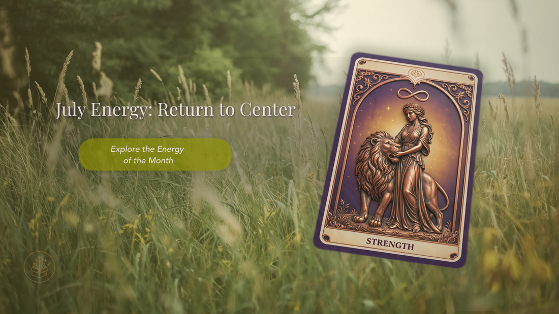 The Strength Tarot with a background of a field of grass 