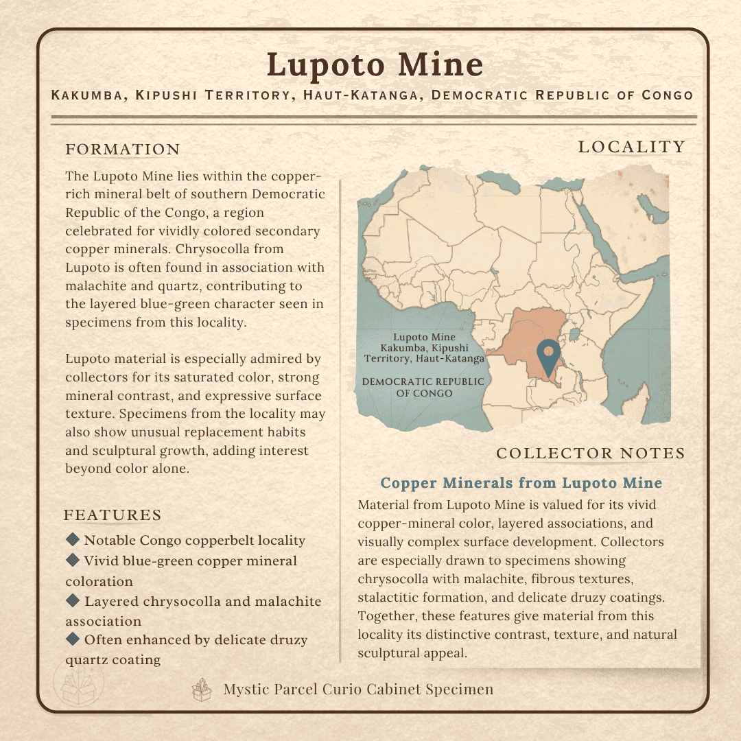 Information card for Lupoto Mine Chrysocolla and Malachite mineral specimen from Congo